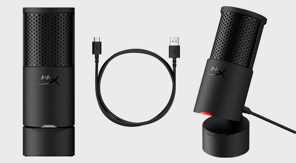 Hyperx Solocast 2 Microphone du condenseur avec support intégré, câble USB-C vers USB-A et vue latérale inclinée.