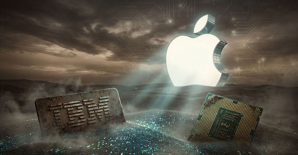 Le logo Apple apparaît sur les images des puces IBM et Intel représentant les partenariats Apple passés