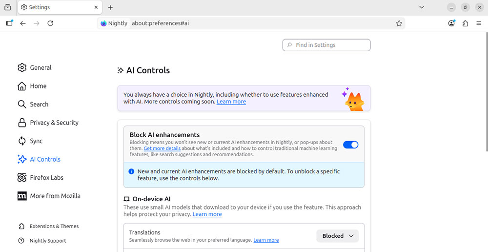 désactiver les fonctionnalités de Firefox AI