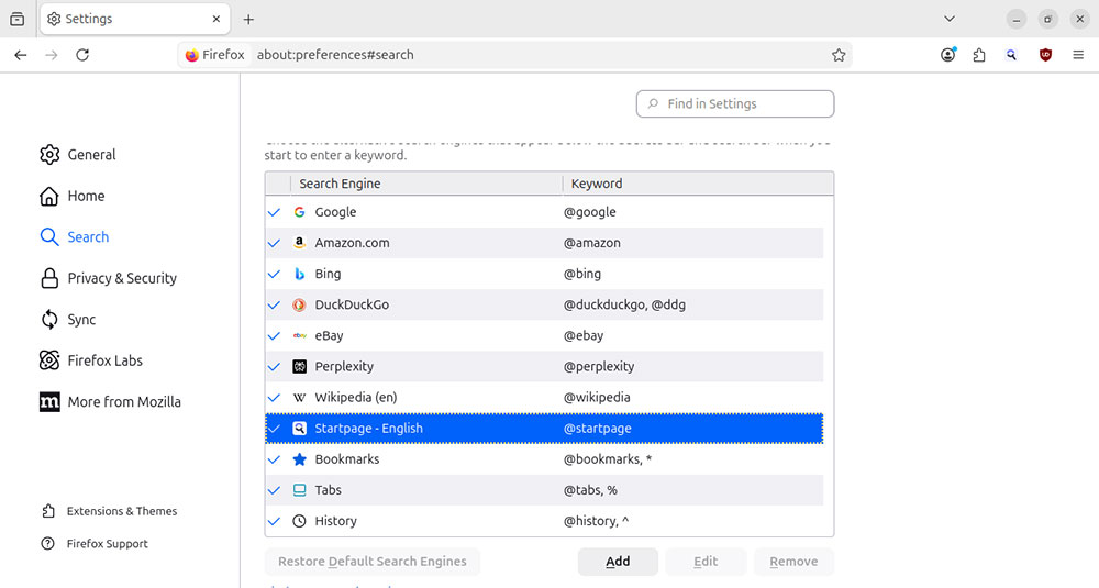 Menu du moteur de recherche par défaut de Firefox