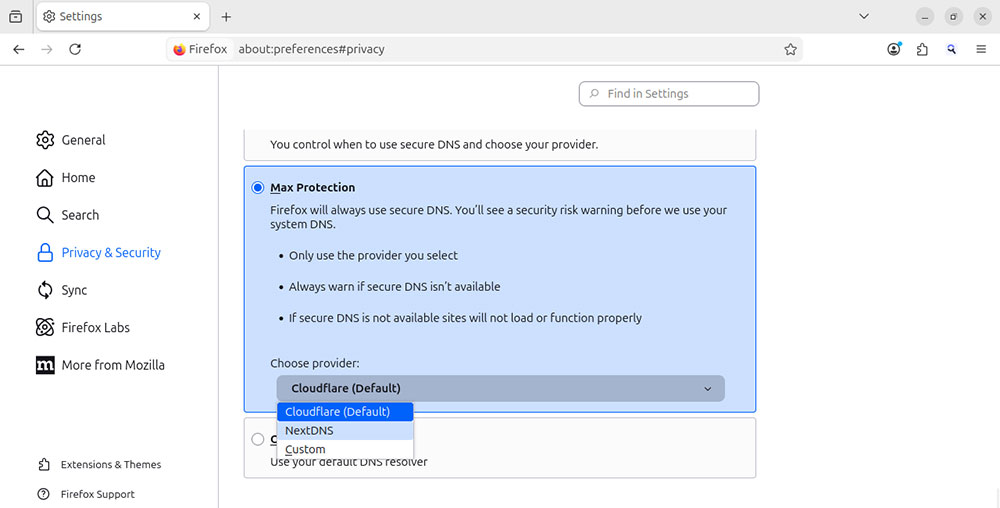 Firefox Activer DNS sur HTTPS