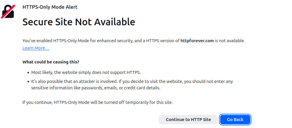 Avertissement Firefox : site sécurisé non disponible