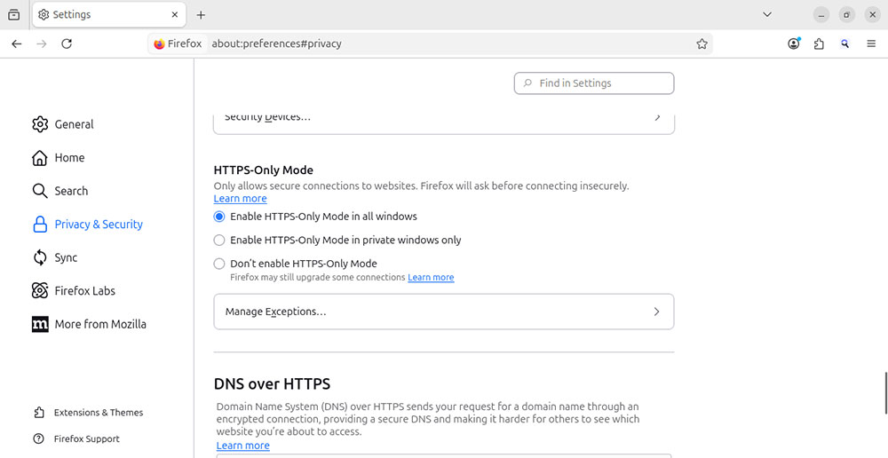Paramètres du mode Firefox HTTPS uniquement