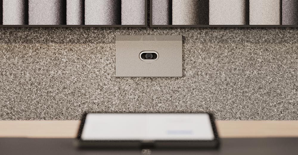 Vue avant de la caméra Logitech Rally AI montrant la conception de l'objectif et du capteur