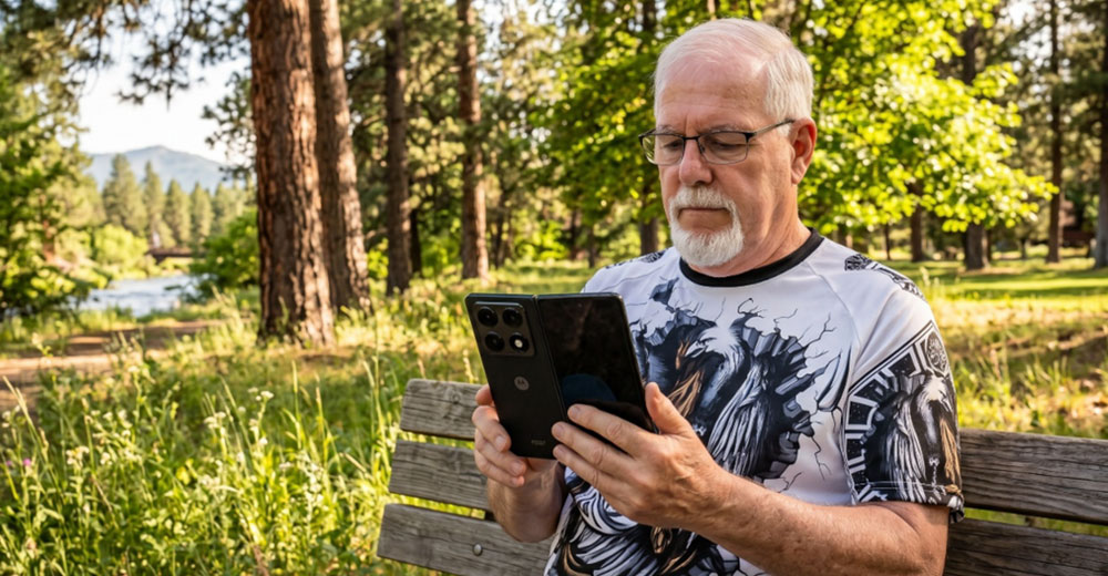 Personne utilisant un smartphone Motorola Razr Fold - 2026 alors qu'elle est assise à l'extérieur dans un parc