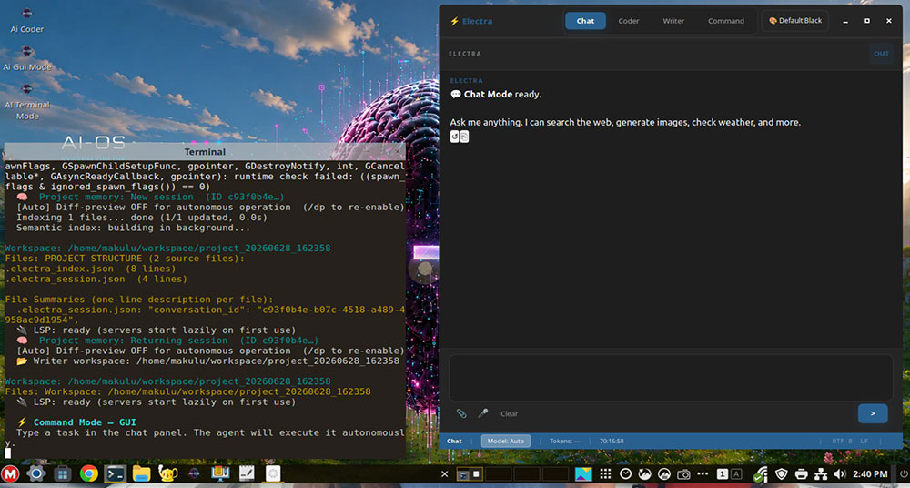 Terminal Makulu AI OS et mode de discussion