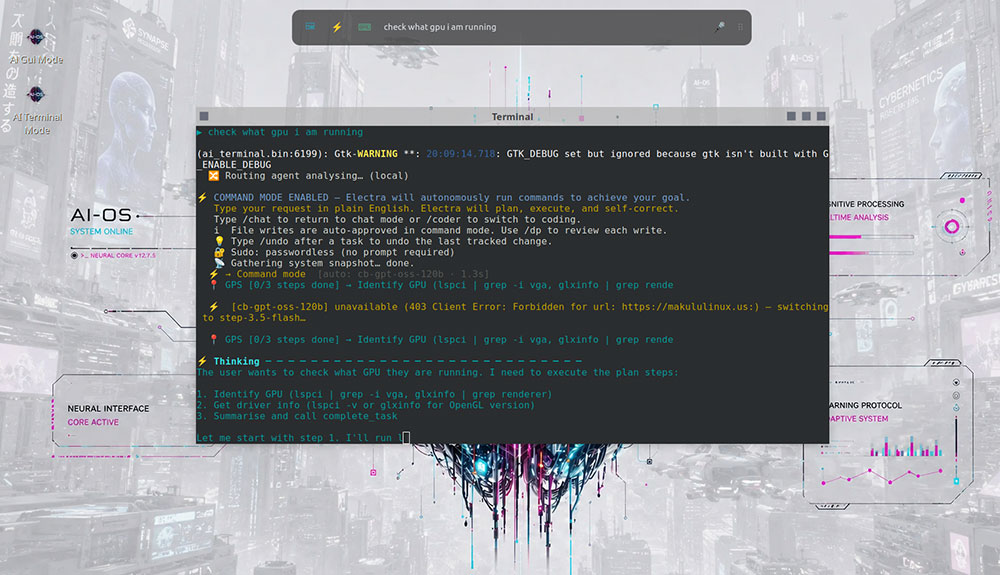 Terminal Makulu AI OS et mode de discussion
